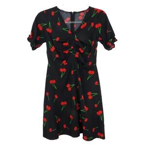 1990s Vintage Black Sweetheart Cherry Pattern A-Line Short Sleeve Mini Dress XS